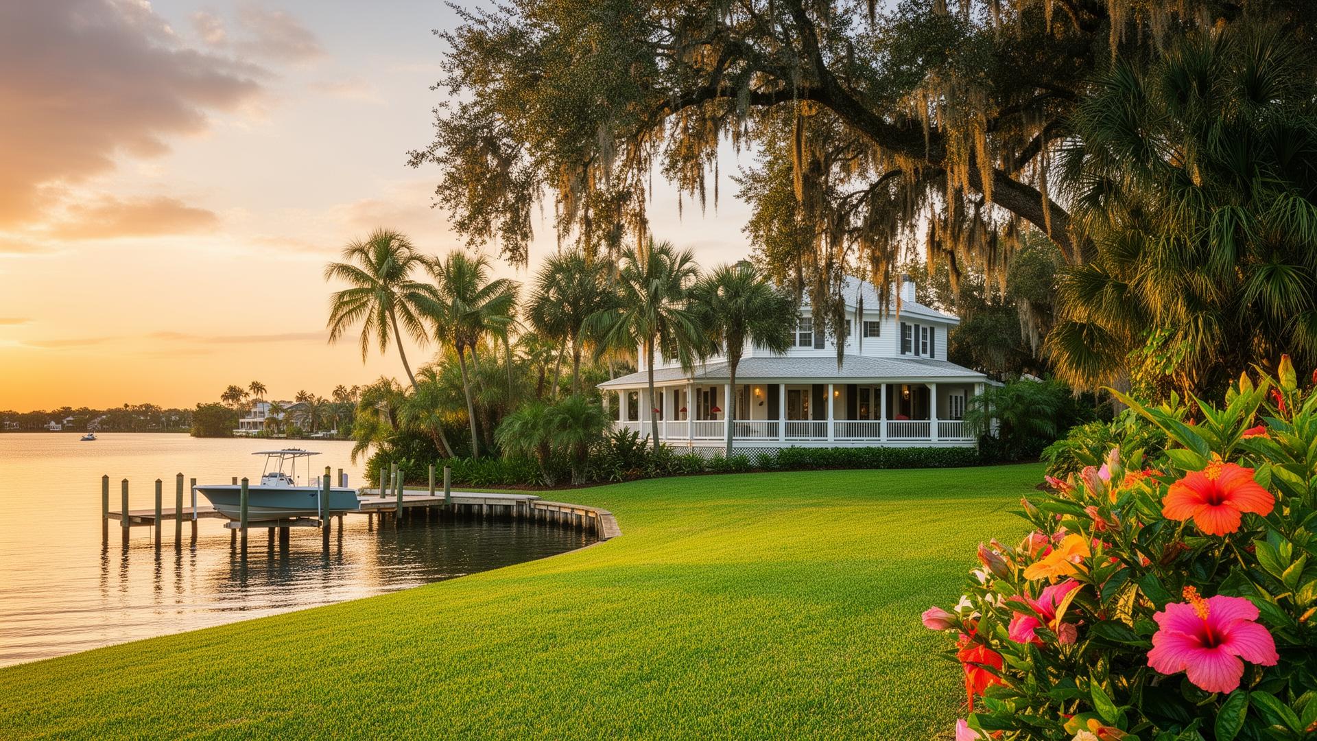 Lush Sarasota landscape with palms and flower beds at sunset
